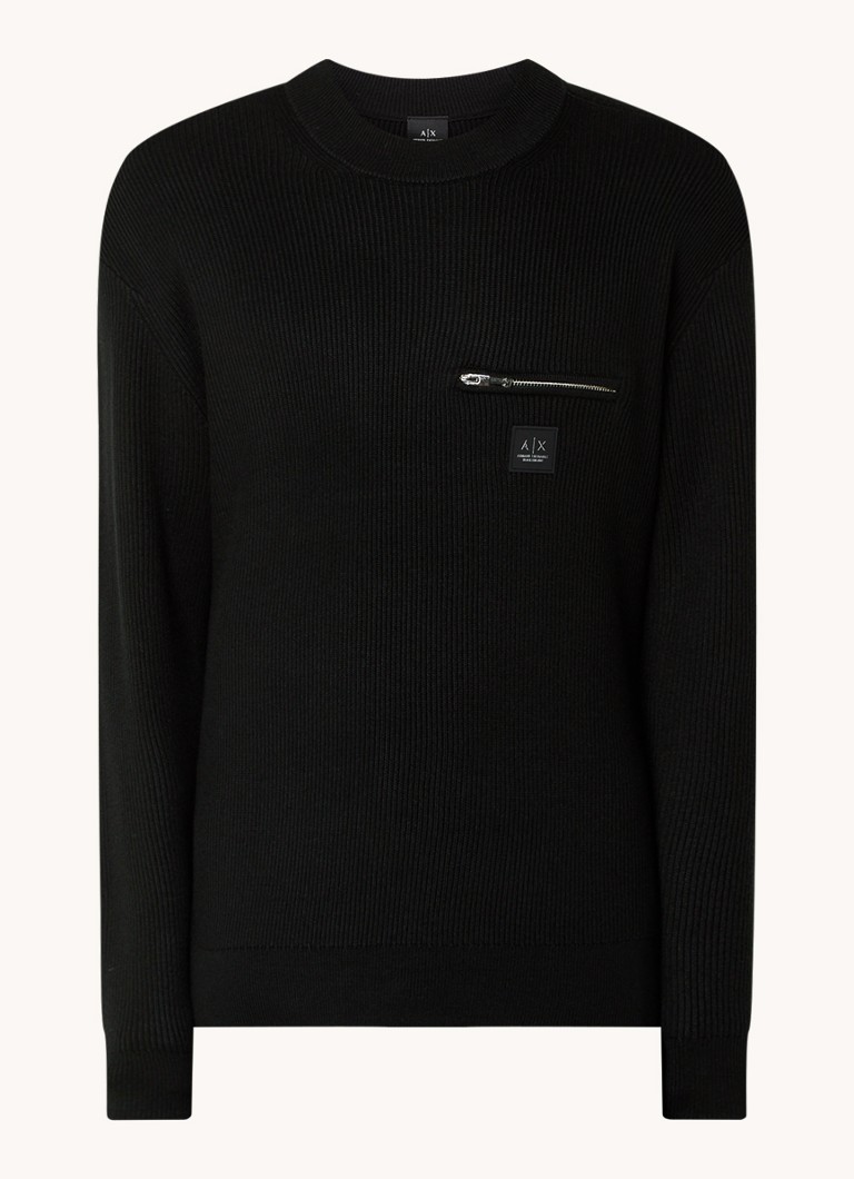 Armani Exchange Rib-knit sweater in virgin wool blend with chest pocket and logo