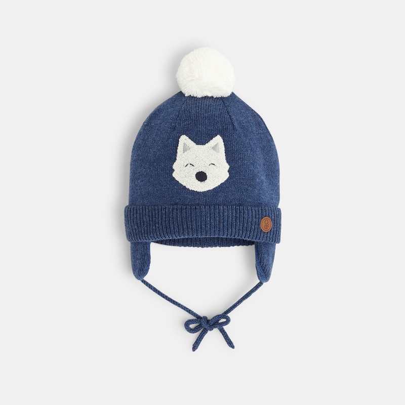 Bonnet maille tricot doublé polaire chien bleu bébé garçon