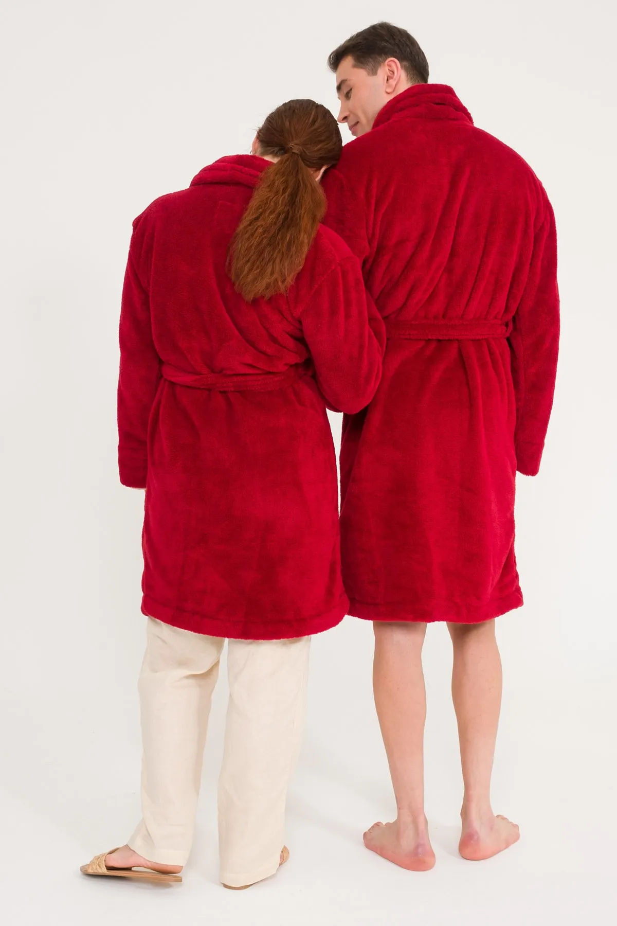 Miespiga  Schalkragen Welsoft Bordeauxrot Fleece-Bademantel Familienset