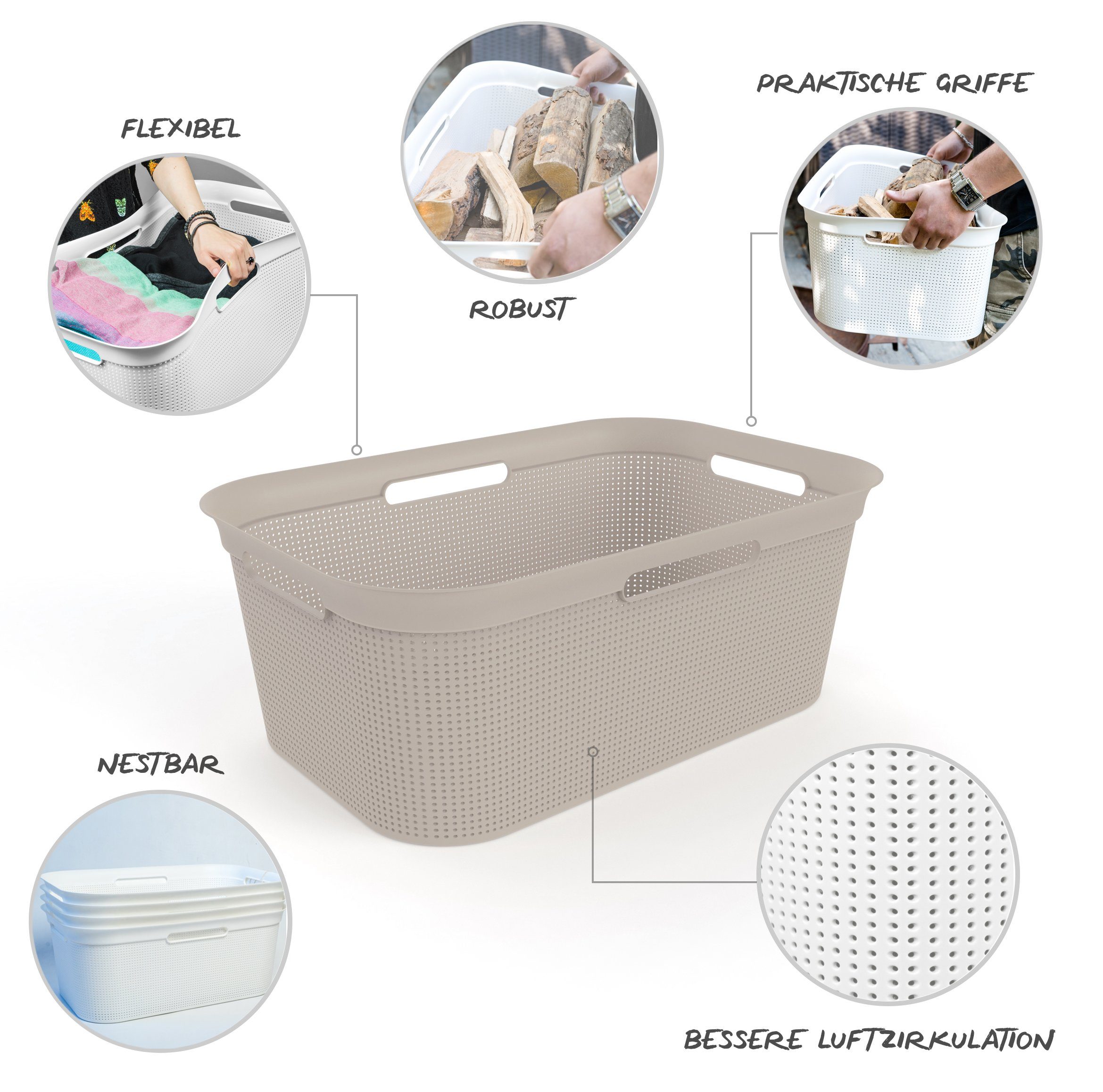 ROTHO Wäschekorb Brisen 4er-Set Wäschekorb 40l, Kunststoff (PP) BPA-frei (Wäschekorbset, 4er-Set), Löcher an den Seiten ermöglicht Luftzirkulation innerhalb der Wäschebox