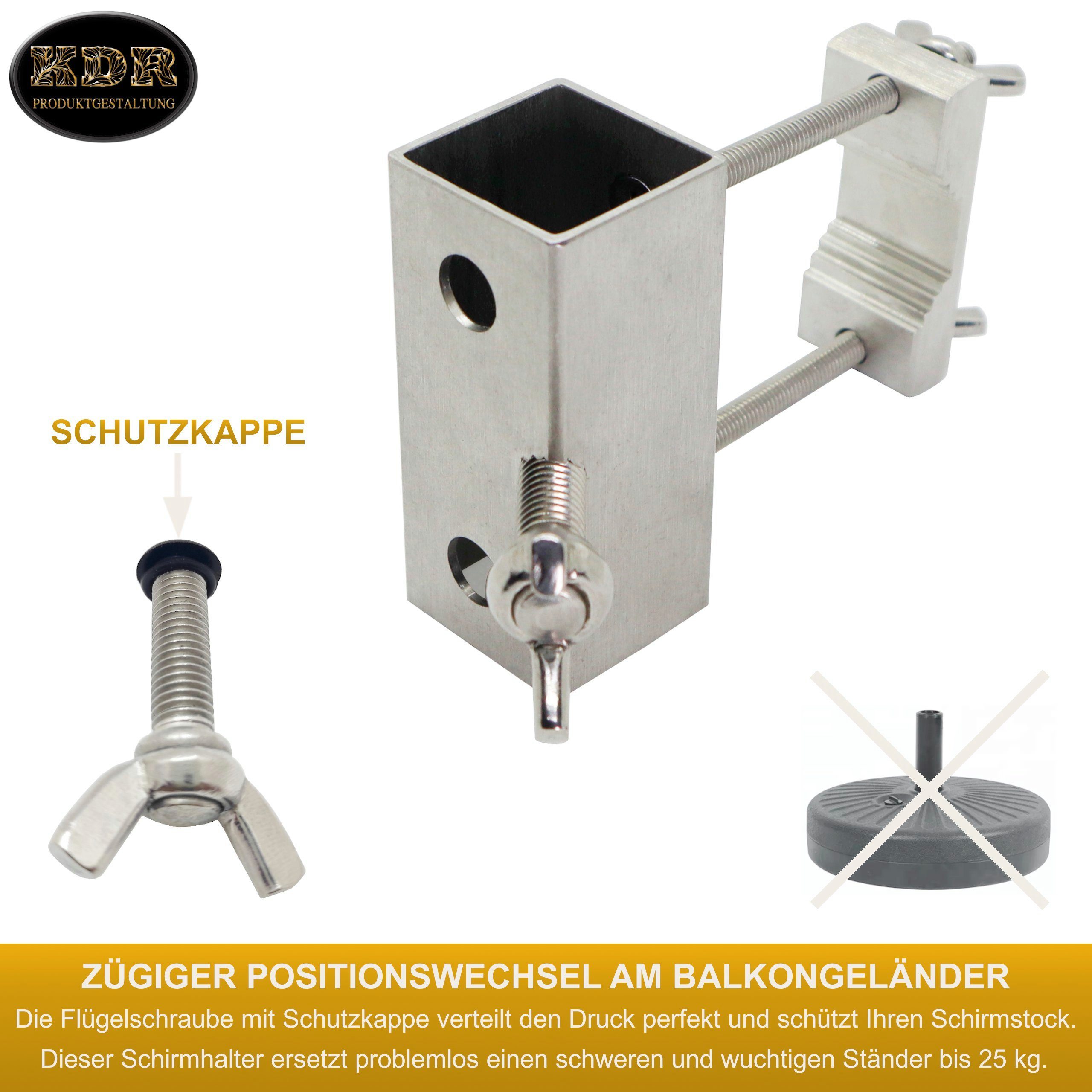 KDR Produktgestaltung Schirmhalter Sonnenschirmhalter Balkongeländer Halterung Sonnenschirm aus Edelstahl, für Stöcke bis Ø 28 mm