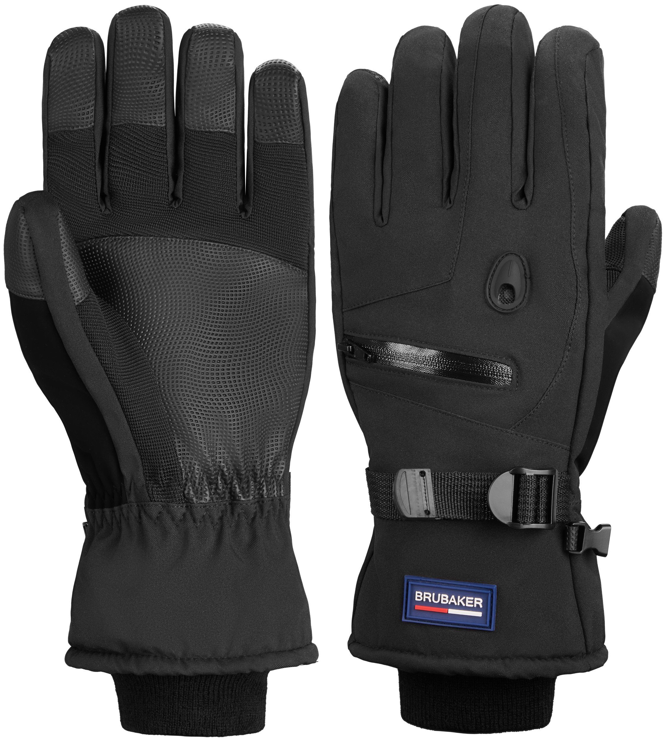 BRUBAKER Skihandschuhe Thermo Handschuhe für Ski Snowboard Wintersport (mit Reißverschluss-Tasche) Wasserdicht und Winddicht – Winterhandschuhe für Herren und Damen - Extra Warme Snowboardhandschuhe