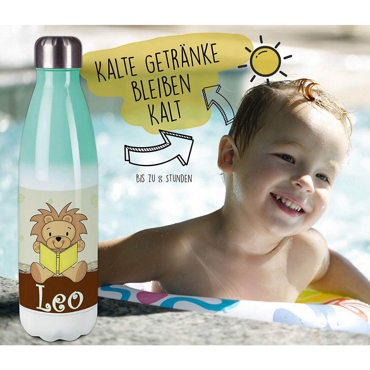 Edelstahl Kinder Thermoflasche / Trinkflasche bunt Leselöwe Farbe braun Spülmaschinenfest, Auslaufsicher, Bruchfest, Doppelwandig, Für Heißgetränke geeignet, Mit Deckel, Isoliert