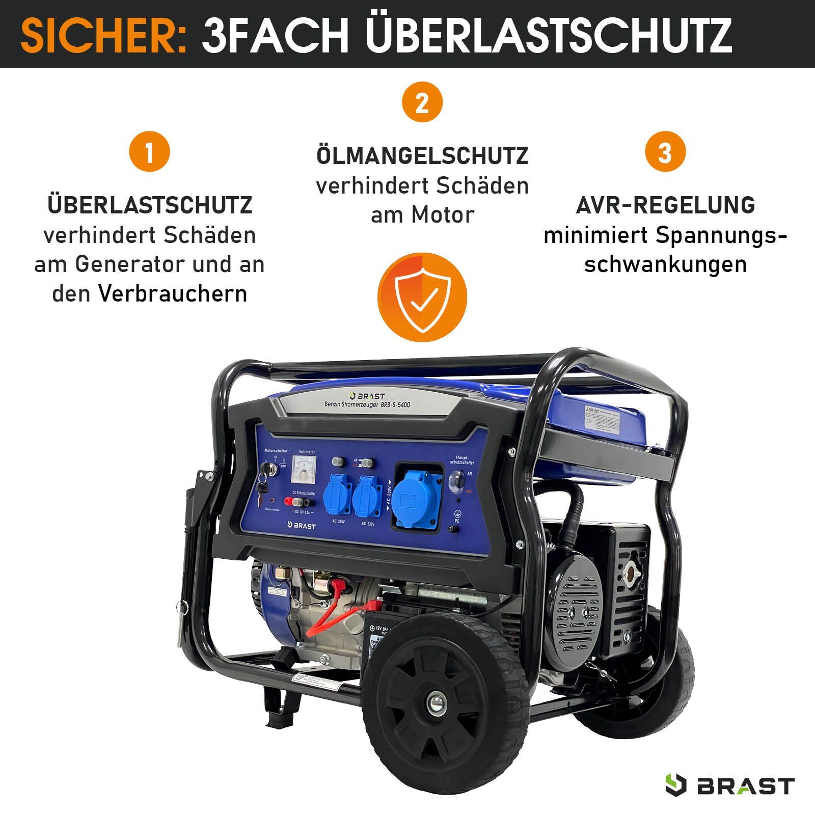 BRAST Stromerzeuger Benzin 11kW (15PS) mit 420cm³ 5000 Watt 4-Takt-Motor E-Start, (Zahlreiche Anschlüsse für flexiblen Einsatz lange), Laufzeiten bis zu 22 Stunden Generator Stromgenerator