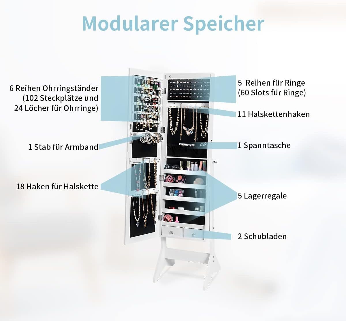 KOMFOTTEU Schmuckschrank mit LED-Beleuchtung Schloss & 2 Schlüsseln, Weiß