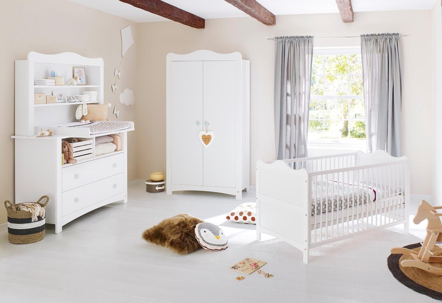 Pinolino® Babyzimmer-Komplettset Florentina, (Set, 4-St., Kinderbett, Kleiderschrank, Wickelkommode, Regalaufsatz), mit Kinderbett, Kleiderschrank und Wickelkommode; Made in Europe
