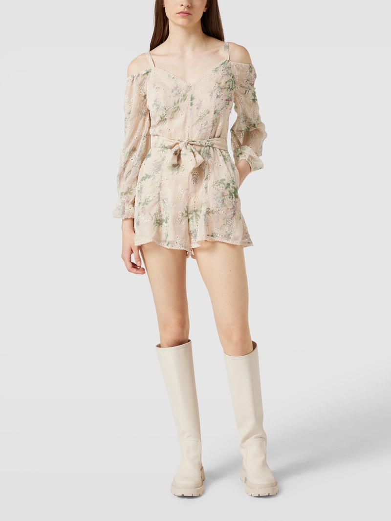 Cold-Shoulder-Jumpsuit mit floraler Lochstickerei in offwhite