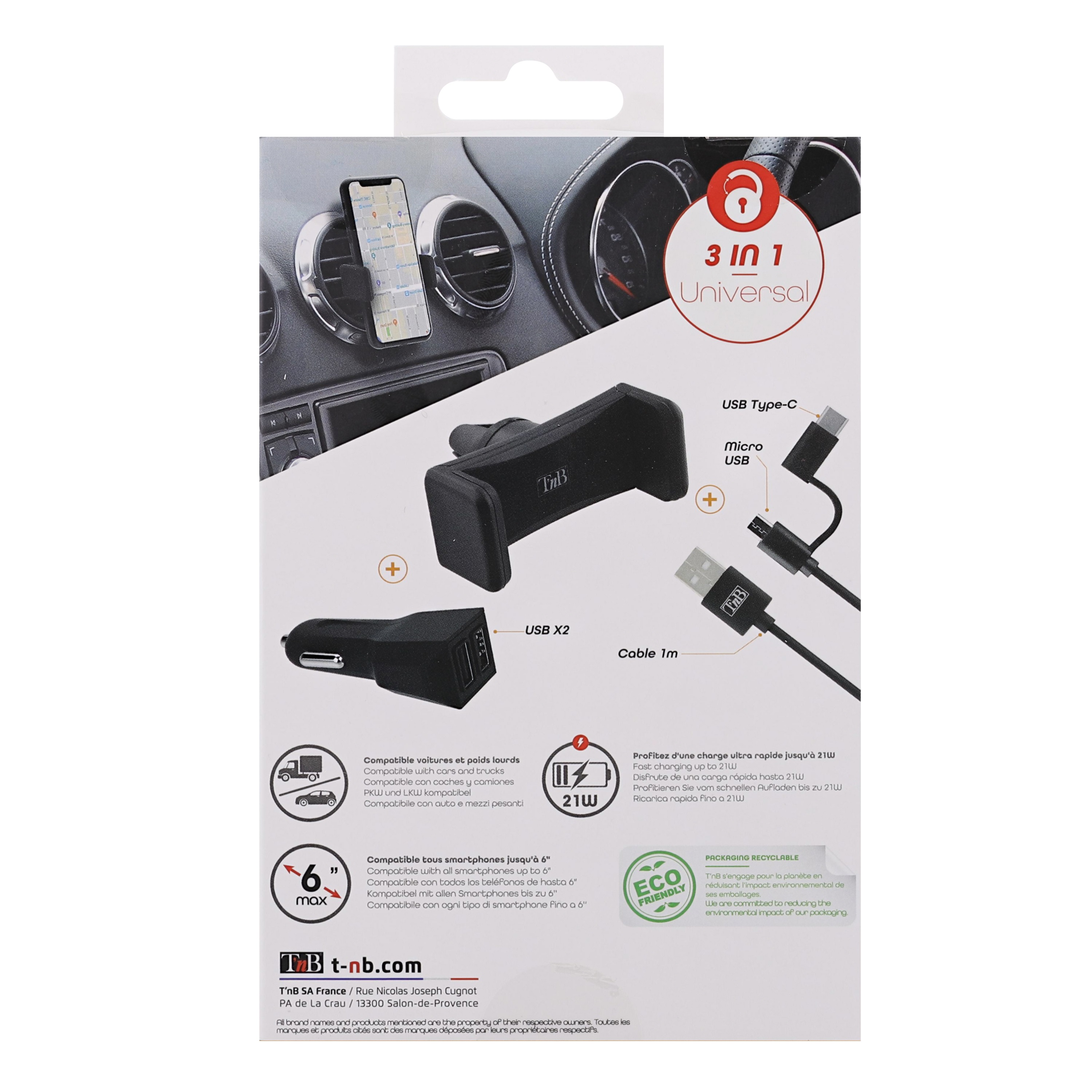 TNB 3-in-1-handyhalterung + 12-V-Steckdosen-Ladegerät + Typ-C/Micro-USB-Kabel - ATU