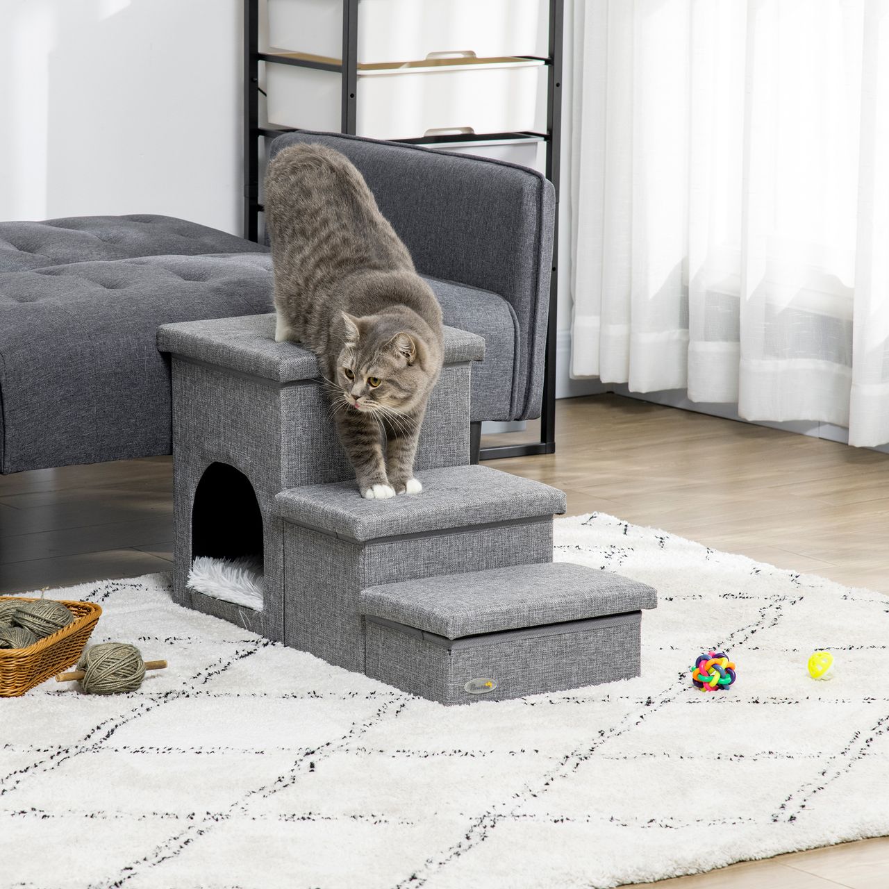 PawHut Hundetreppe, 3 Stufige Katzentreppe mit Höhle, 3-in-1 Tiertreppe Hellgrau