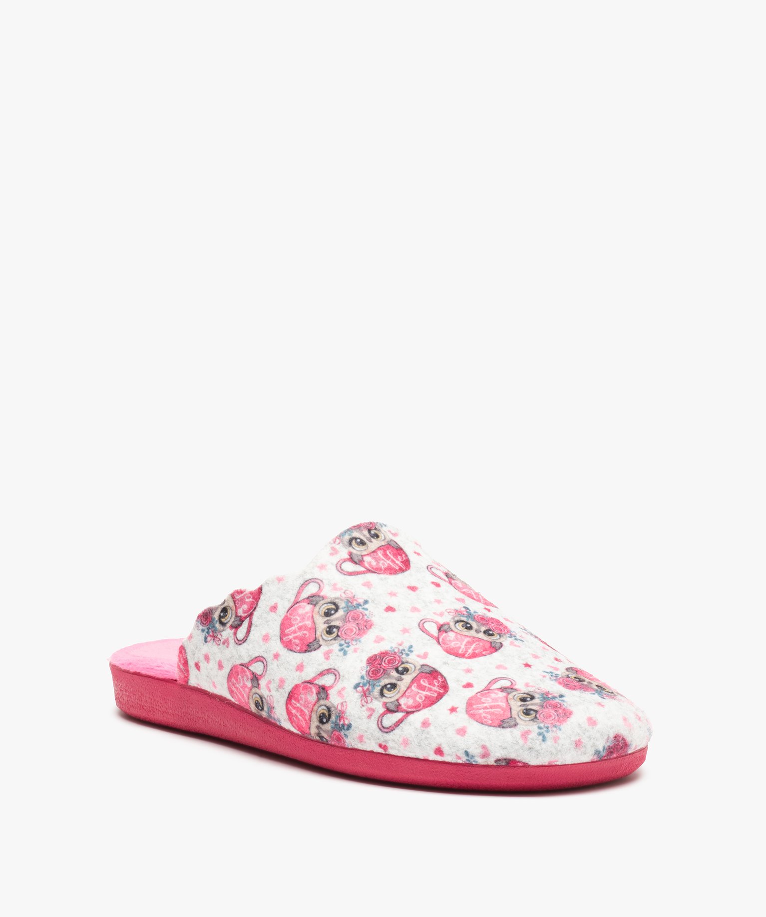 Chaussons femme mules plates en feutrine imprimée rose | GEMO