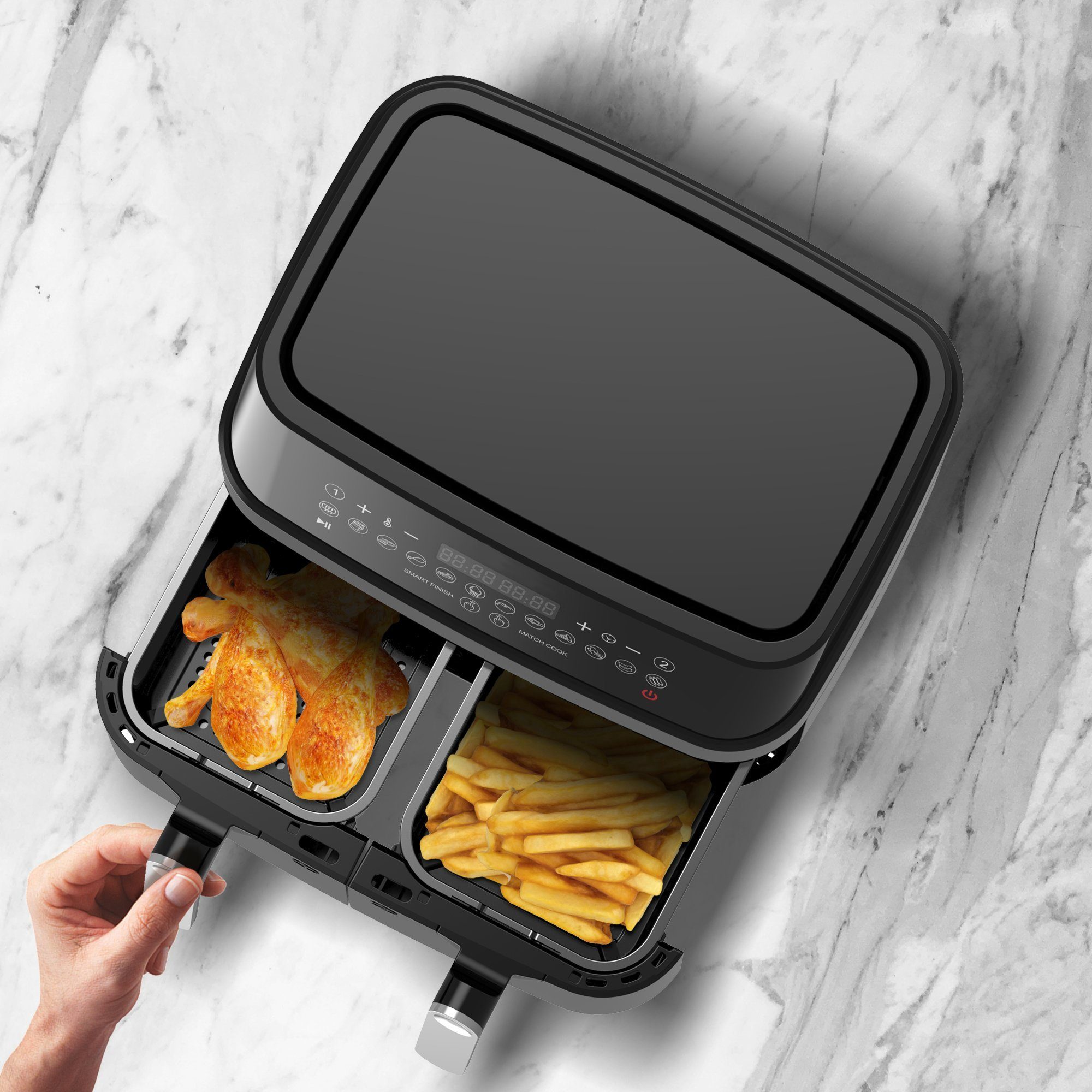 TurboTronic by Z-Line Heißluftfritteuse XXL Doppelkammer 2x 4,5 Liter, 50°C - 200°C, Power, dual, Camping, 3200 W, 12 Programme Fritteuse ohne Fett, digitaler doppel Airfryer Fettfrei