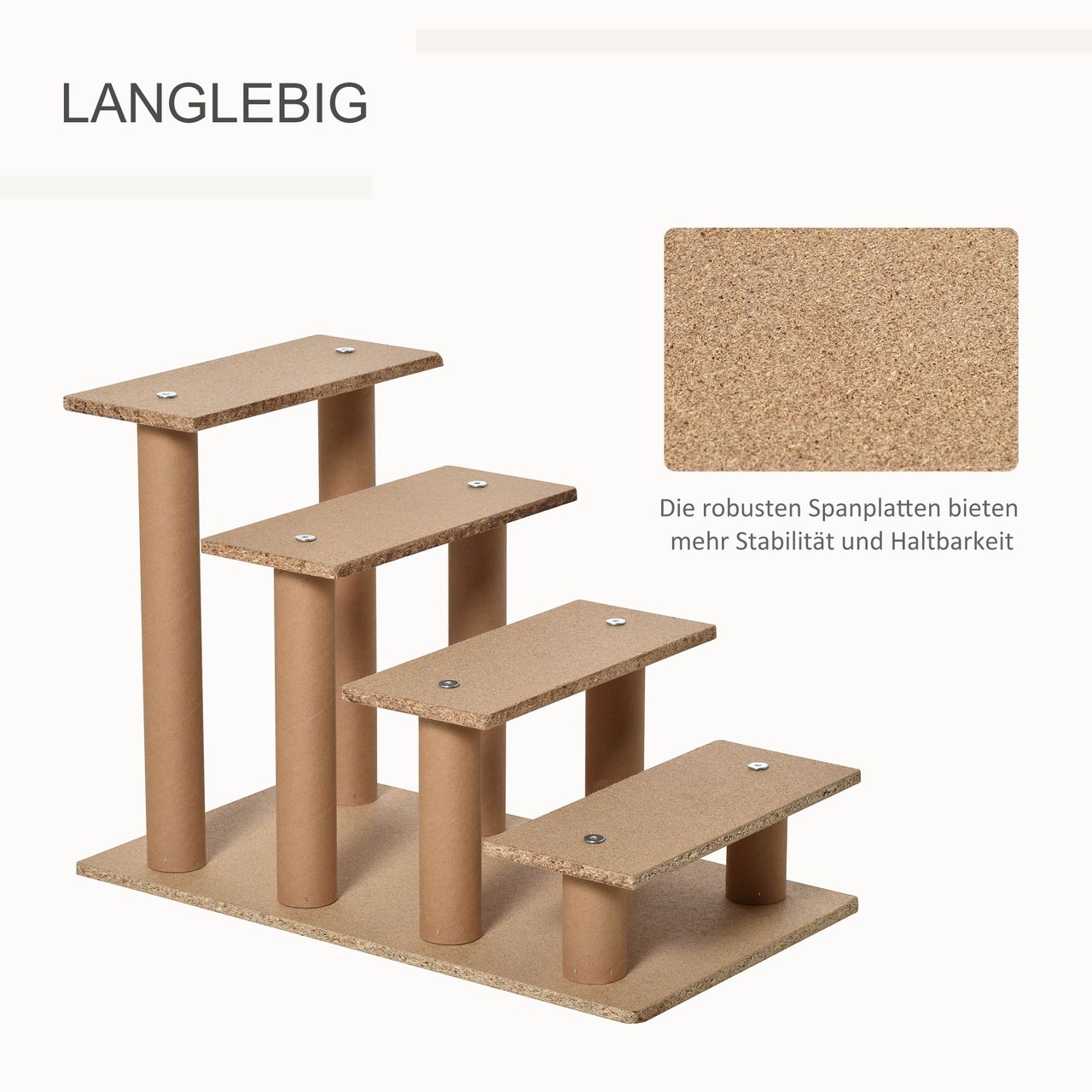 PawHut Haustiertreppe 4-stufige Hunderampe mit abnehmbarer Bezug Katzentreppe Hundetreppe Tiertreppe Spanplatte Plüsch Grau 60 x 35 x 44 cm