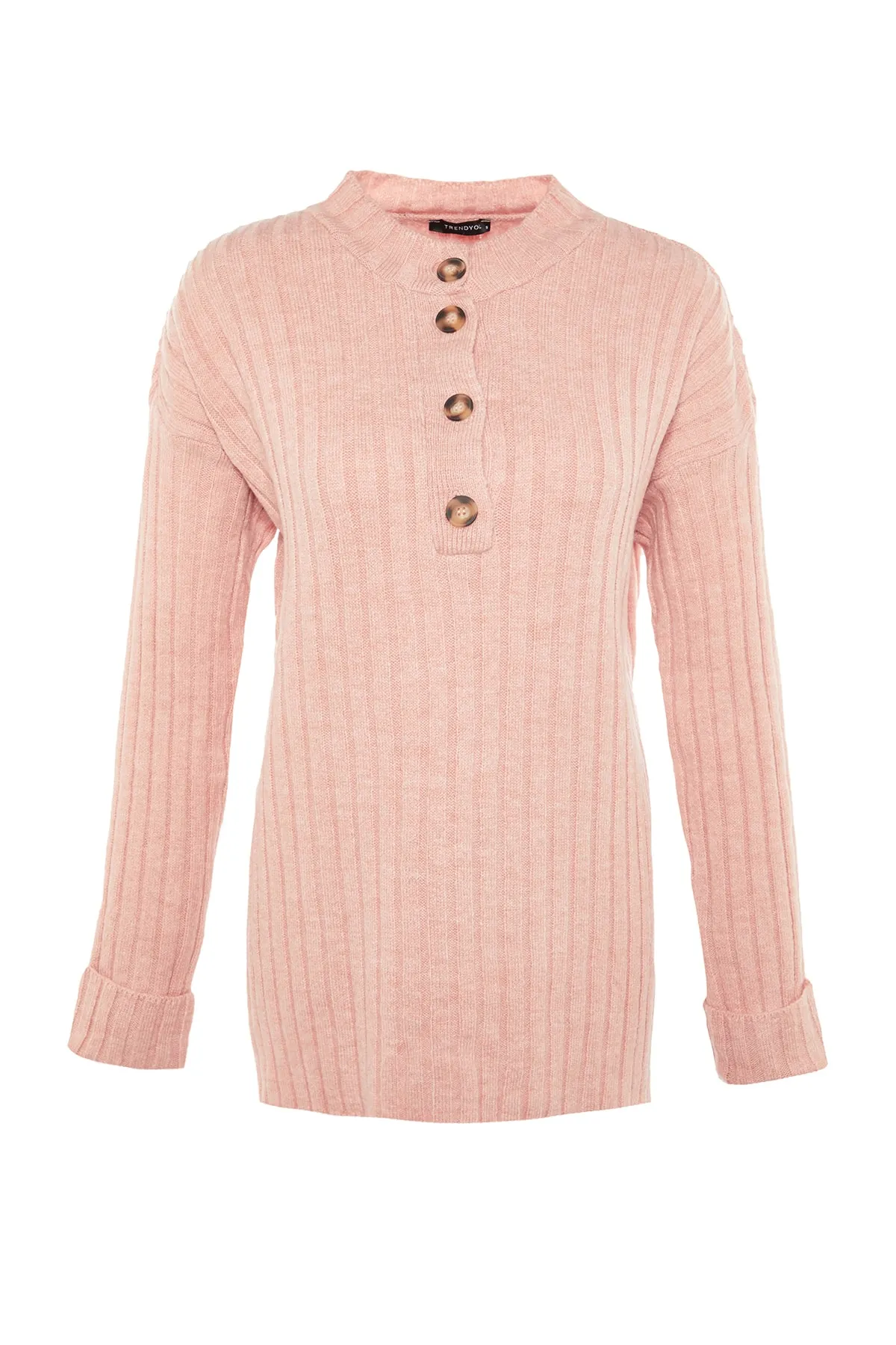 Trendyol Modest  Gerippter Strickpullover mit Knopfleiste und Puderkragen TCTAW23AK00035