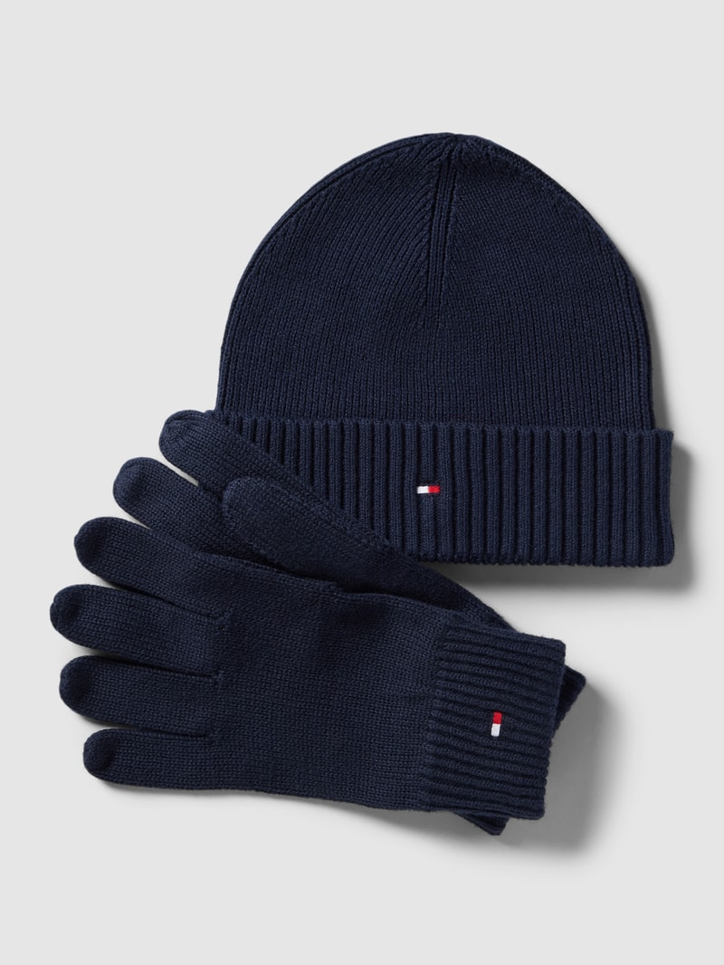 Beanie und Handschuhe im Set mit Kaschmir-Anteil in dunkelblau