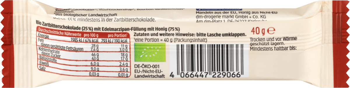 Schokoriegel, Edelmarzipan mit Honig & Zartbitterschokolade, 40 g