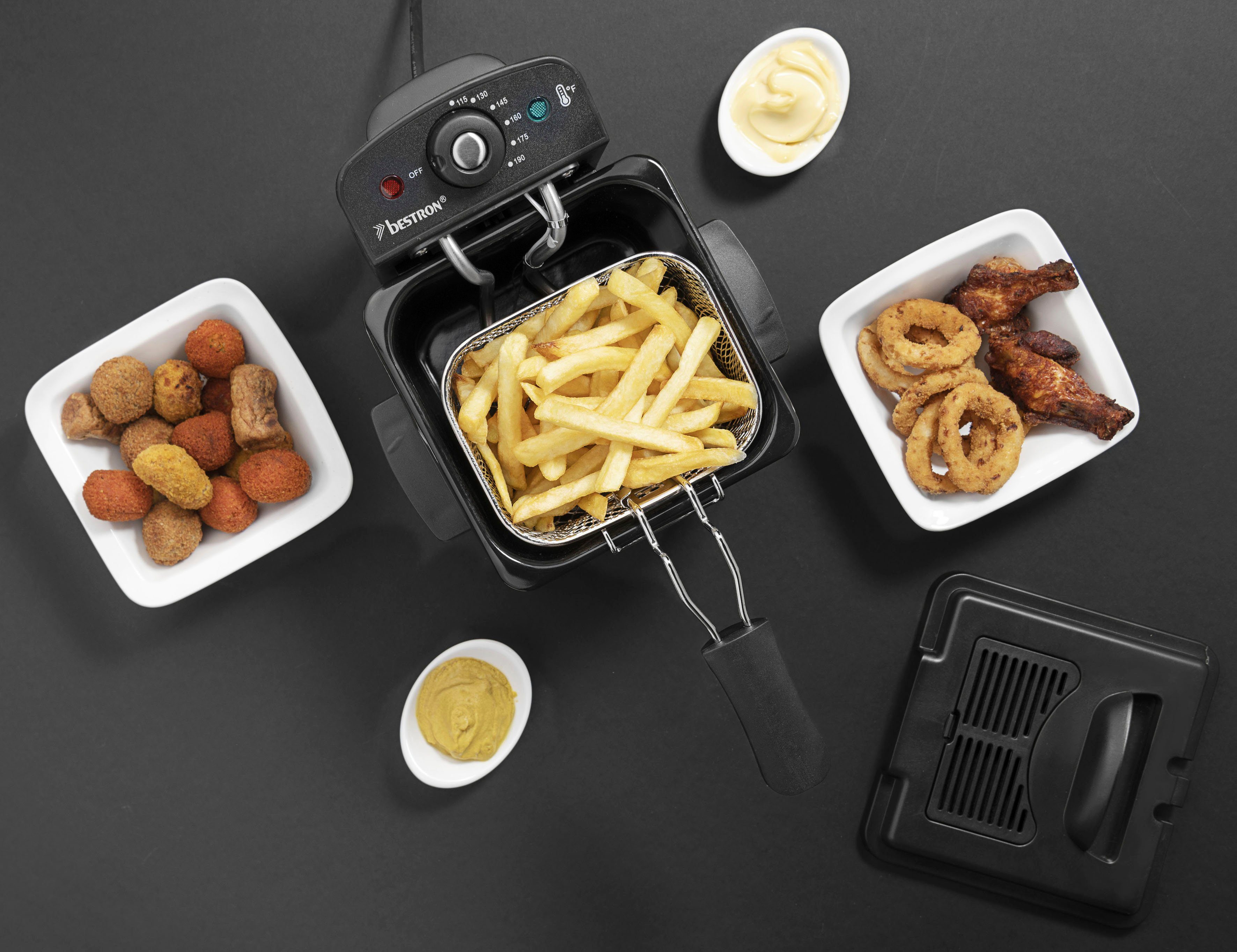 bestron Fritteuse AF100CO, kleine Fritteuse mit Edelstahl-Korb für eine Portion, 1000 W, Kaltzonentechnologie, Temperaturkontrolle bis 190°C, Ölfilter