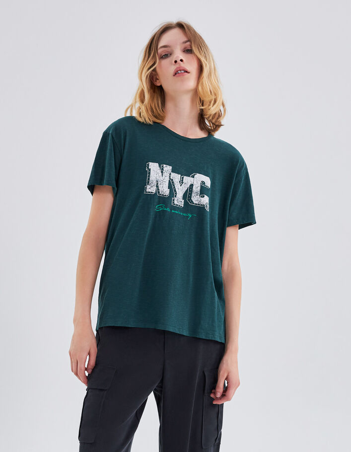 Tee-shirt vert canard bio à message clouté Femme