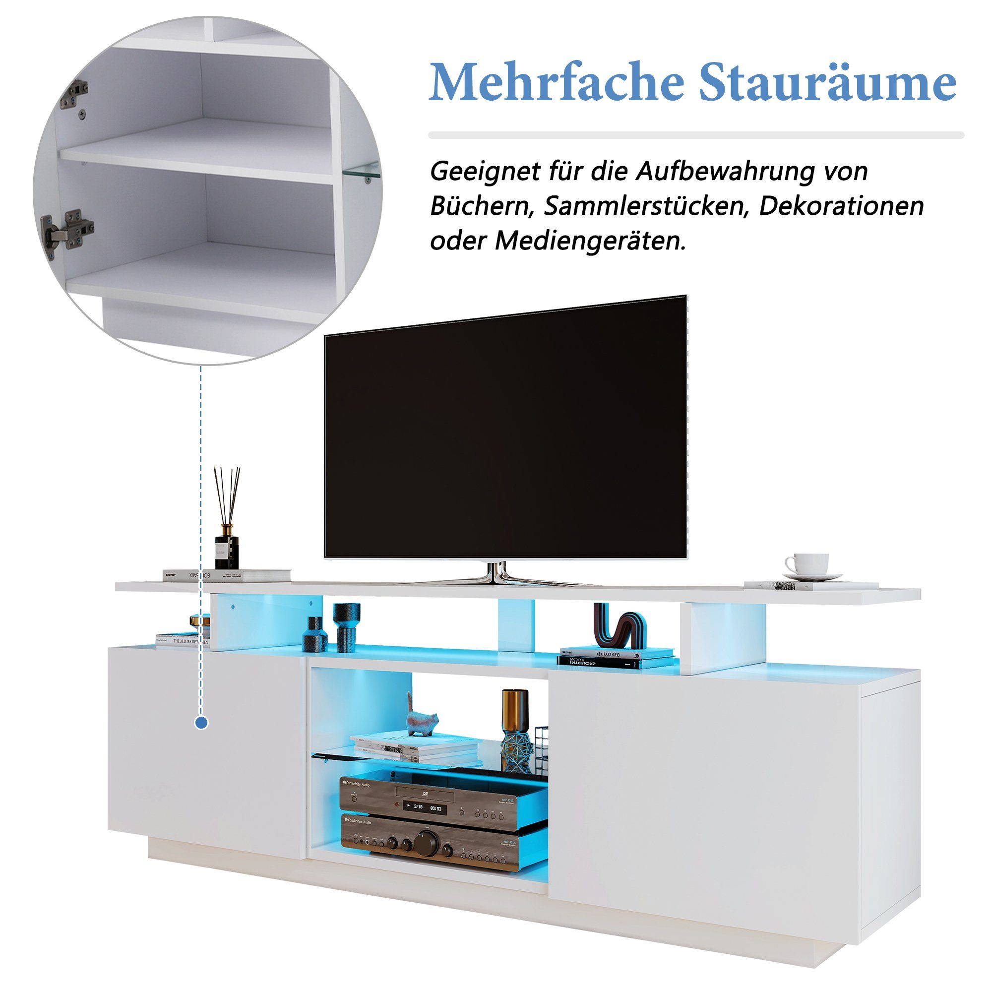 REDOM TV-Schrank Moderner weißer TV-Schrank (Hochglanz) mit 16-farbiger LED-Beleuchtung