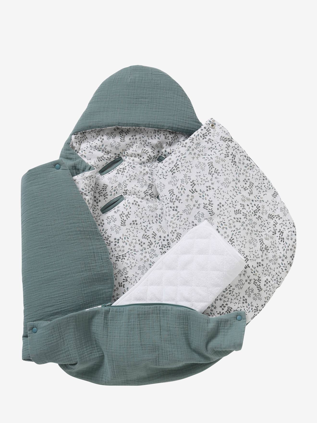 Vertbaudet 2-in-1 Baby Ausfahrsack/Wickelunterlage, Musselin, personalisierbar - aqua