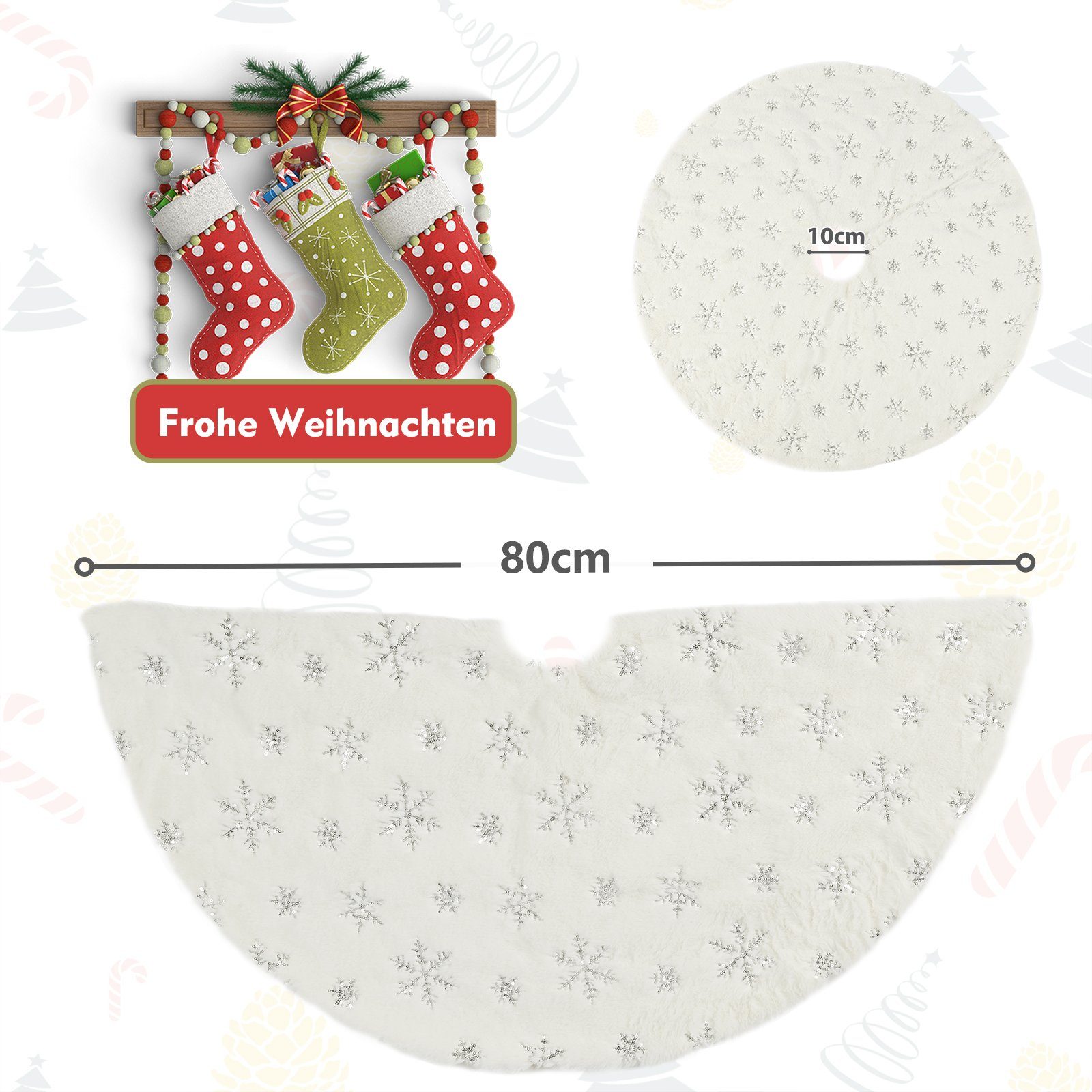 Salcar Weihnachtsbaumdecke Baumteppich Weihnachten Christbaumdecke Plüsch mit Schneeflocken, Weihnachtsdekoration, Weihnachtsbaumdecke mit silberfarbenen Deko