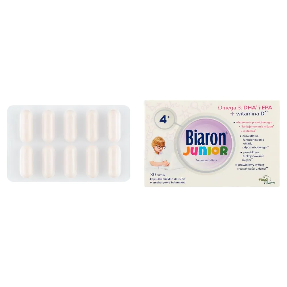 Biaron Junior, Ωμέγα-3 + Βιταμίνη D για παιδιά άνω των 4 ετών και ενήλικες, Μαλακές μασώμενες κάψουλες, Γεύση τσίχλας