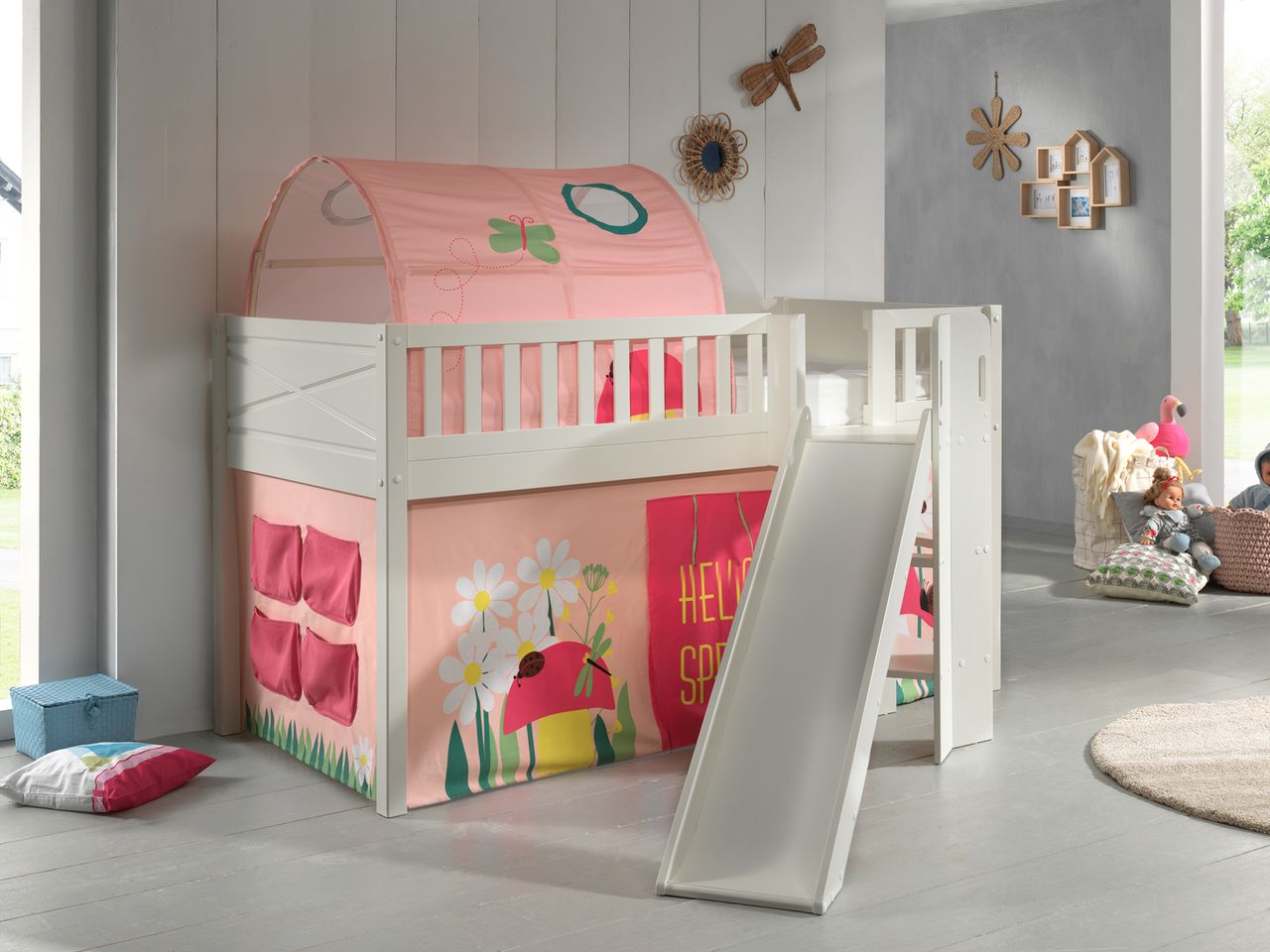 VIPACK Spielbett SCOTT, LF 90 x 200 cm, mit Rolllattenrost, Rutsche, Leiter und Textilset Vorhang und Tunnel 