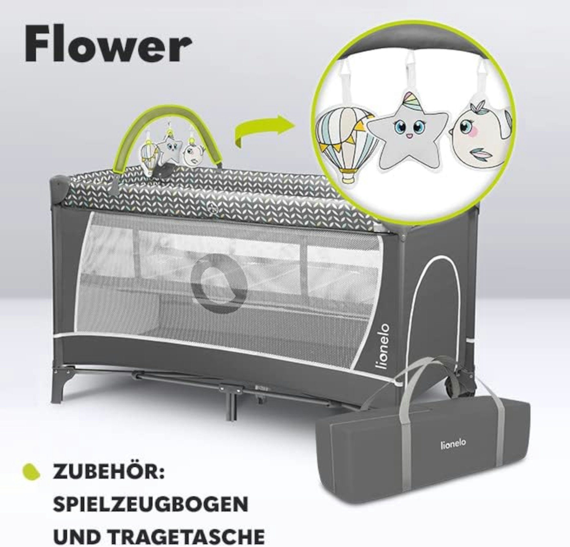 lionelo Baby-Reisebett FLOWER, 4in1:Laufstall Baby, Wickeltisch, Zwei Matratzenaufhängungshöhen