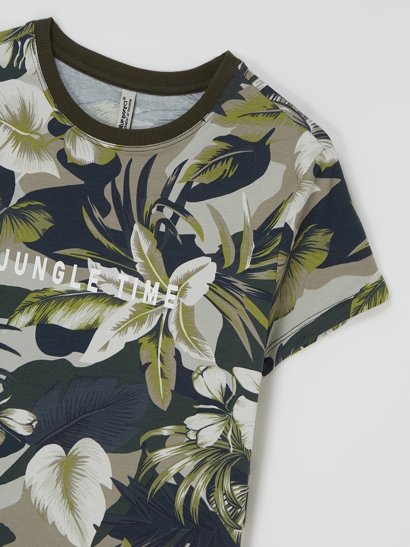 T-Shirt mit floralem Muster Modell 'Jungle Time' in olivgrün