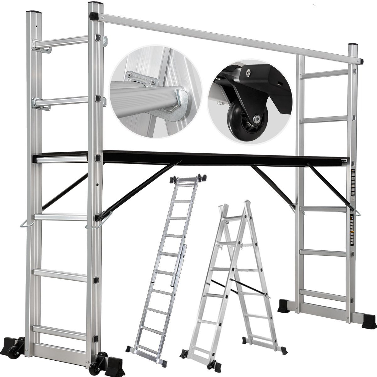 Craftfull Arbeitsgerüst 4in1 Leitergerüst CF-103A - 3 J. Garantie - Mehrzweckleiter Aluminium, (1.68 m - 1.95 m - 150 kg Traglast - Alu Stehleiter bis 150 kg - Doppelhohlkehlenprofil - Anlegeleiter - Gelenkleiter - Stehleiter - Trittleiter - Wandleit