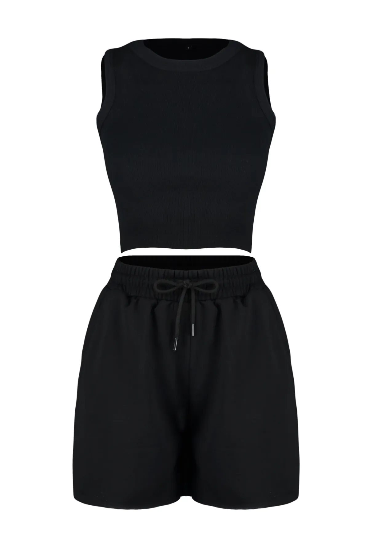 Trendyol Collection  Schwarzes Cord-Tanktop und Shorts, flexibles Strickoberteil und -unterteil-Set TWOSS24AU00027