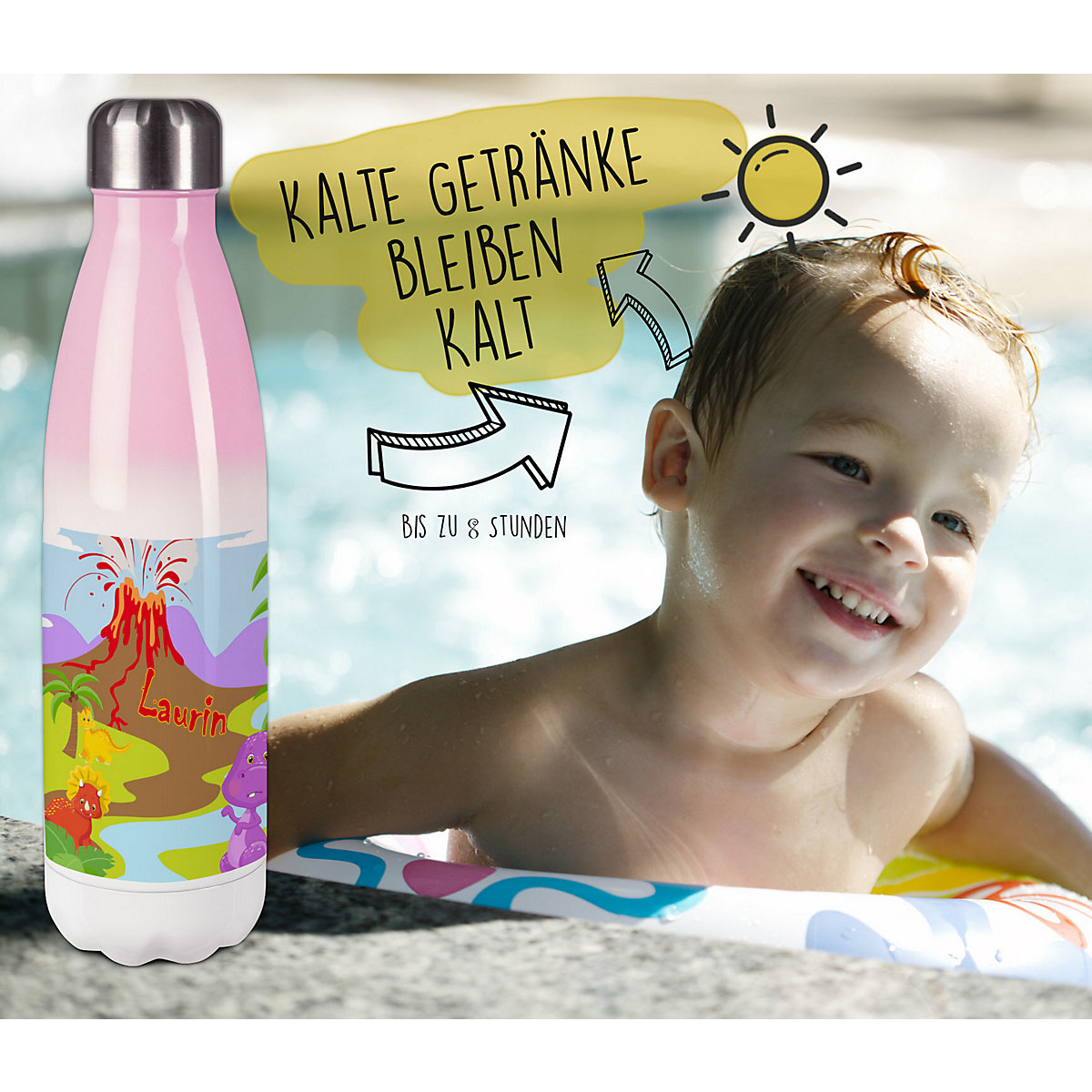 Edelstahl Kinder Thermoflasche / Trinkflasche bunt Dino Spülmaschinenfest, Auslaufsicher, Bruchfest, Doppelwandig, Für Heißgetränke geeignet, Mit Deckel, Isoliert