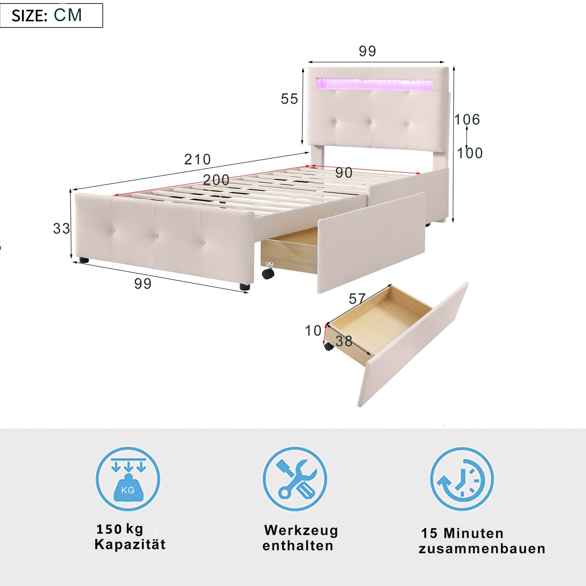 Flieks Polsterbett, LED Beleuchtung Einzelbett 2 Schubladen Leinen 90*200cm