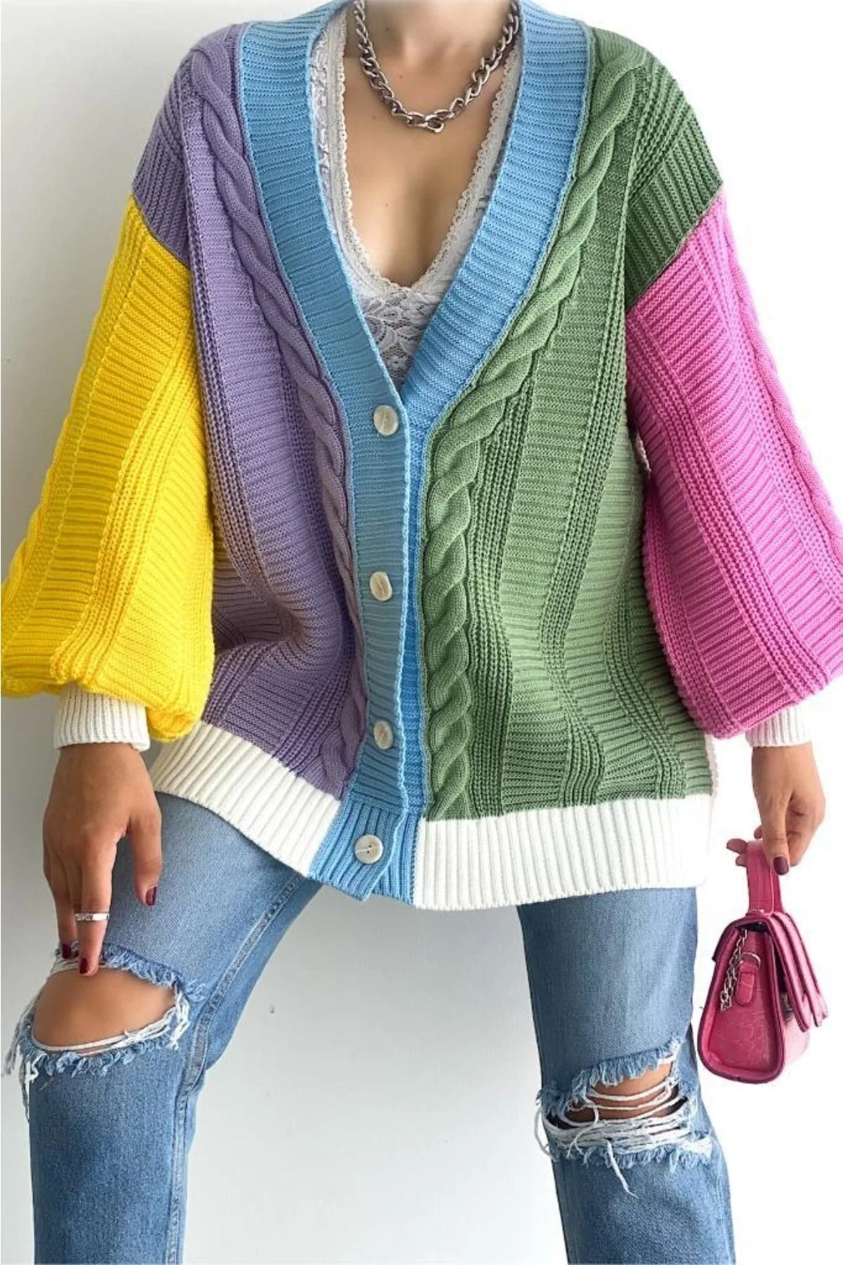 FEMELLE  Damen Standardgröße Mehrfarbig Neue Saison Lockere Oversize Strickjacke