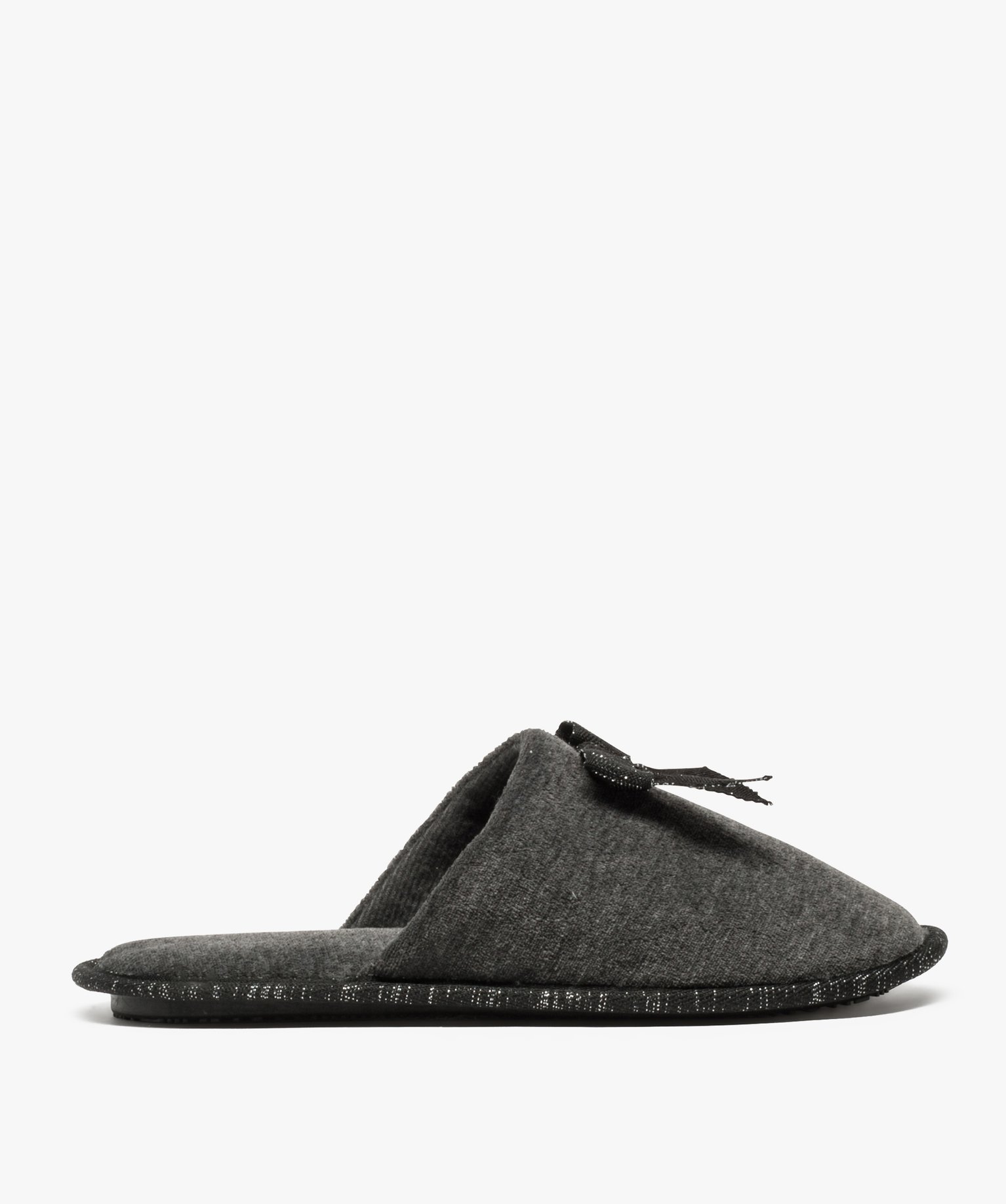 Chaussons femme forme mules en velours ras et n?ud pailleté gris fonce | GEMO