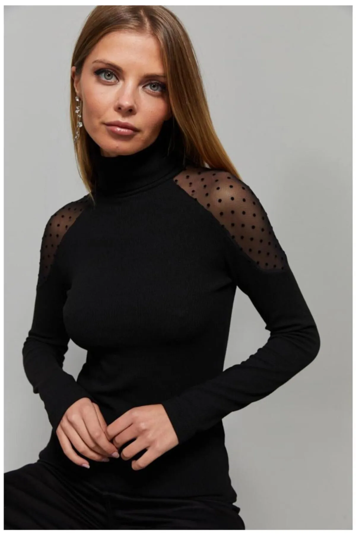 Cool & Sexy  Schwarze Tüllbluse mit Punkten für Damen EY1098
