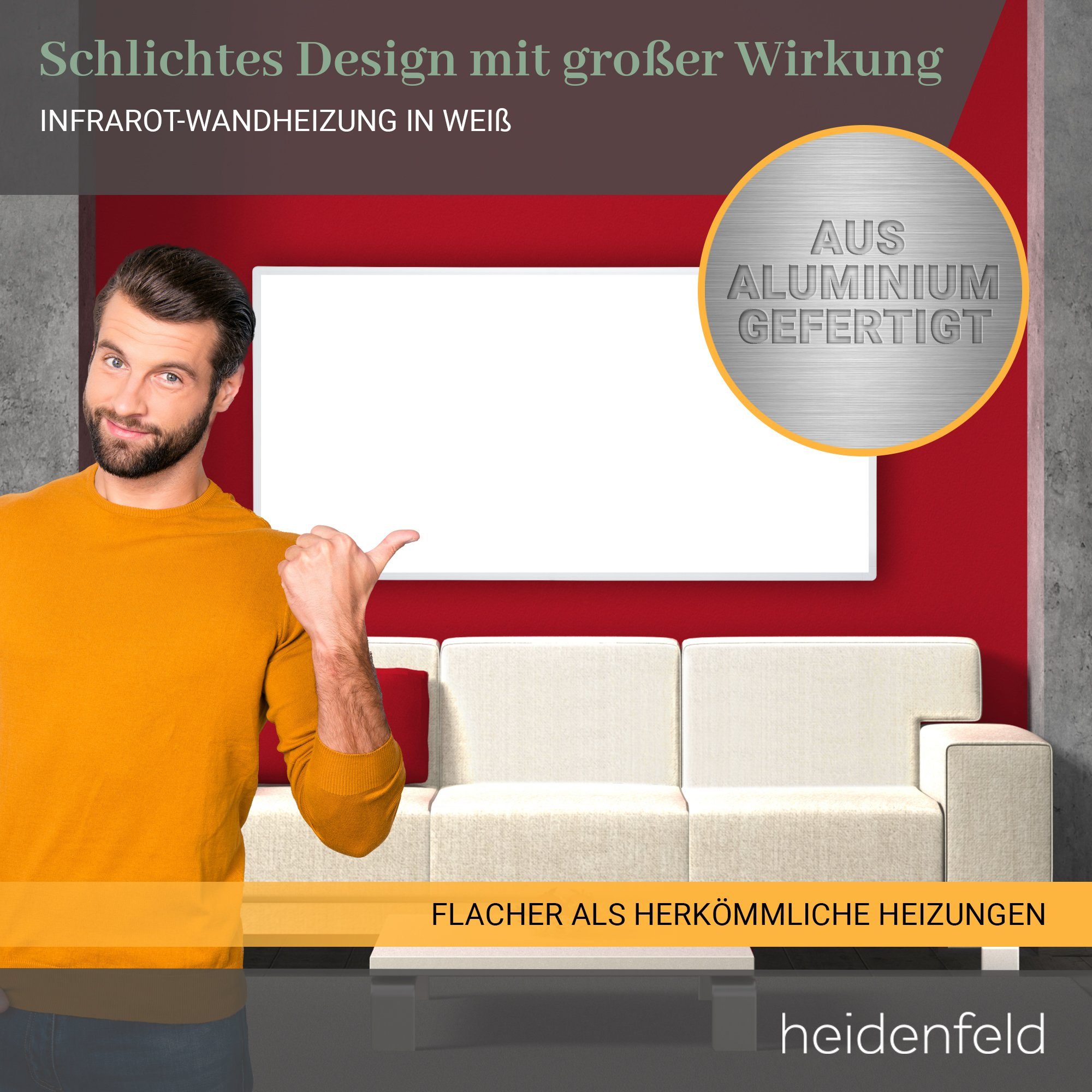 Heidenfeld Infrarotheizung 300 - 1200 W Wand Elektroheizung HF-HP100-2 - 10 J. Garantie, App-Steuerung - Infrarot Wandheizung Heizkörper Elektroheizkörper