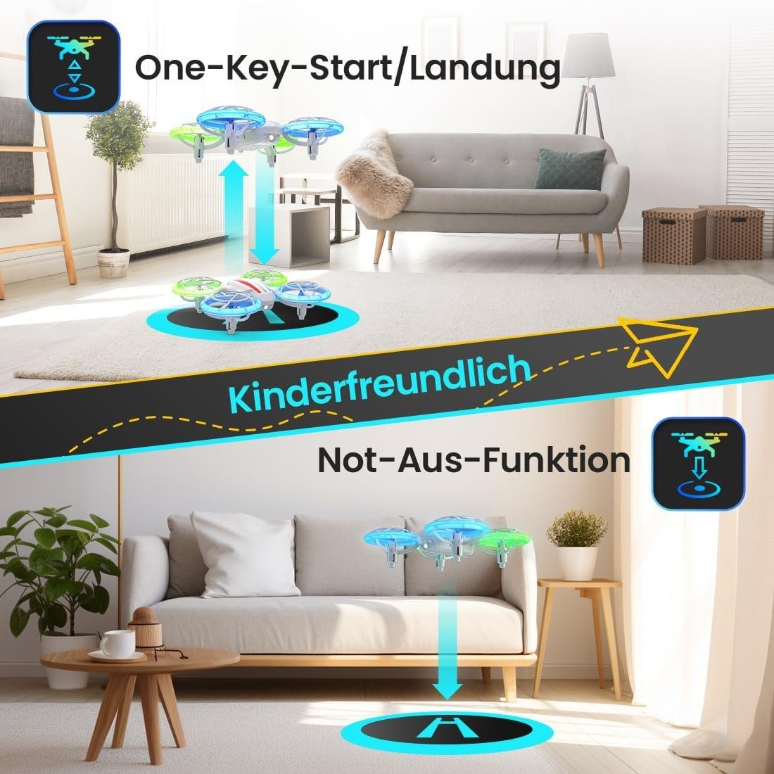 DEERC D23 Mini Drohne für Kinder,RC Quadrocopter mit 2 modulare Akkus Drohne (LED-Lichter 3D-Flips Höhenhaltung:Perfektes DrohnengeschenkfürAnfänger)