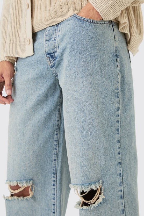 Baggy Rigid Ripped Knee Jeans In Washed Light Blue