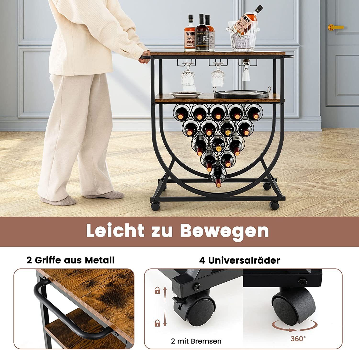 COSTWAY Weinregal, stehend, mit Rollen, Metall, für 15 Flaschen&9 Glashaltern