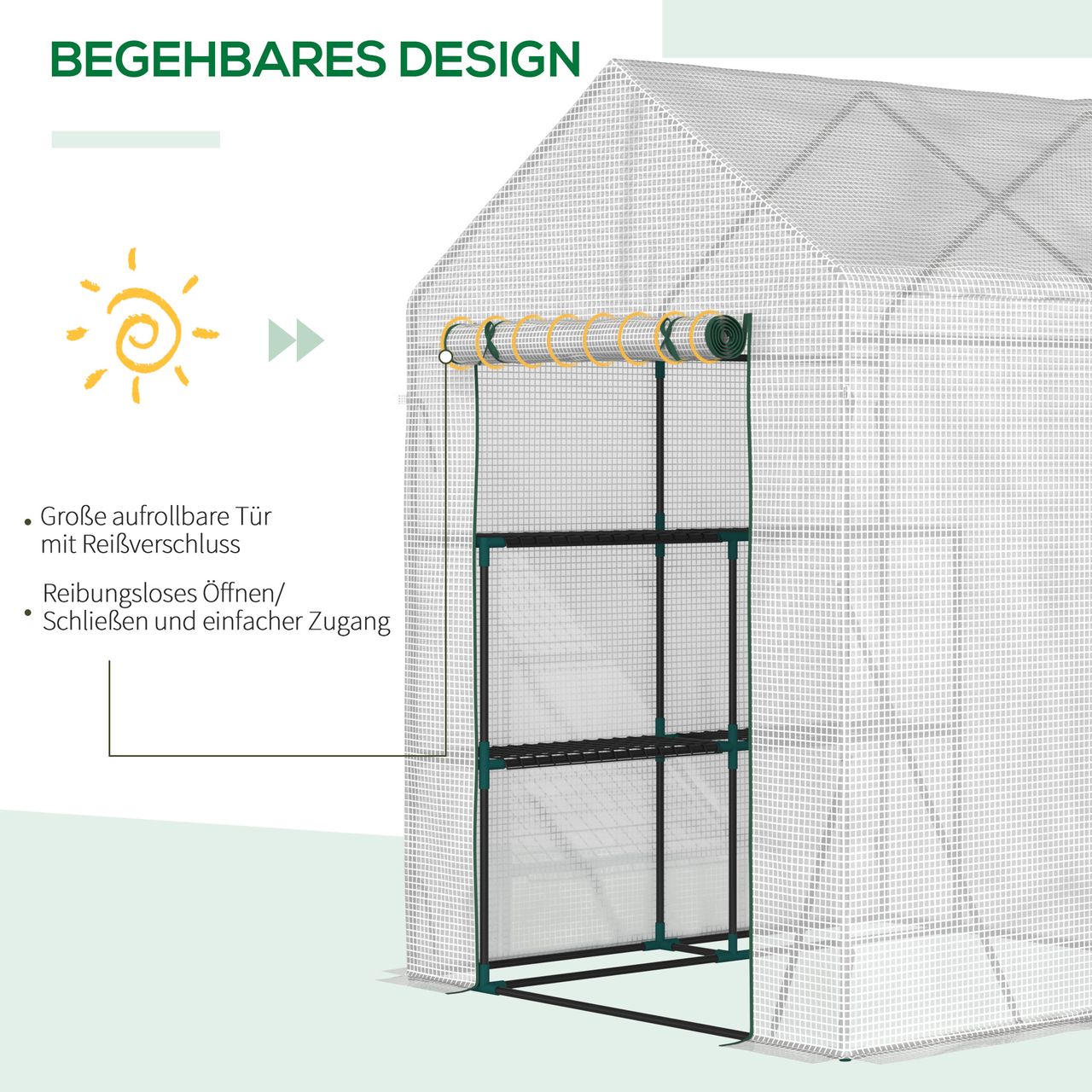 Outsunny Foliengewächshaus begehbares Gewächshaus mit 4 Regalebenen Tomatengewächshaus Treibhaus Frühbeet mit Reißverschlusstüren Weiß Stahl PE-Kunststoff 143 x 143 x 195 cm