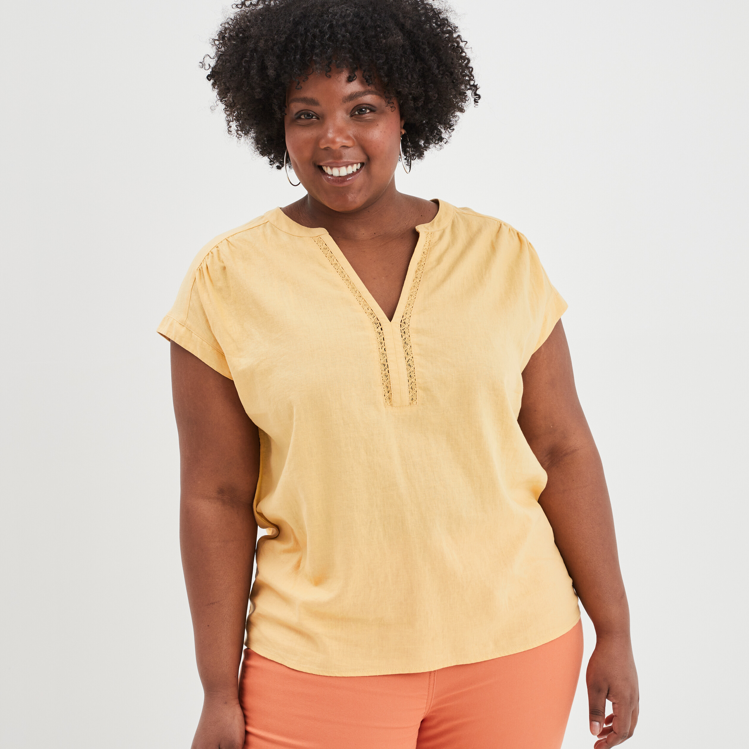 Blouse en lin manches courtes jaune clair femme grande taille | La Halle