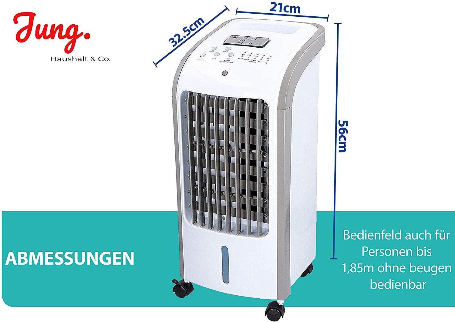 JUNG Ventilatorkombigerät COMODO mobiles Klimagerät ohne Abluftschlauch, Wasserkühlung, Aircooler, Aircondition, 60W, Luftkühler, leise, Ventilator Kühler
