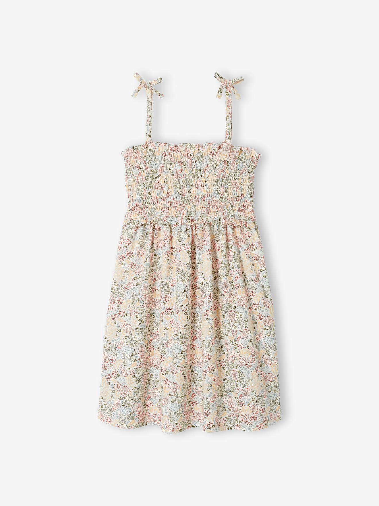Robe à bretelles smockée motifs exotiques fille écru