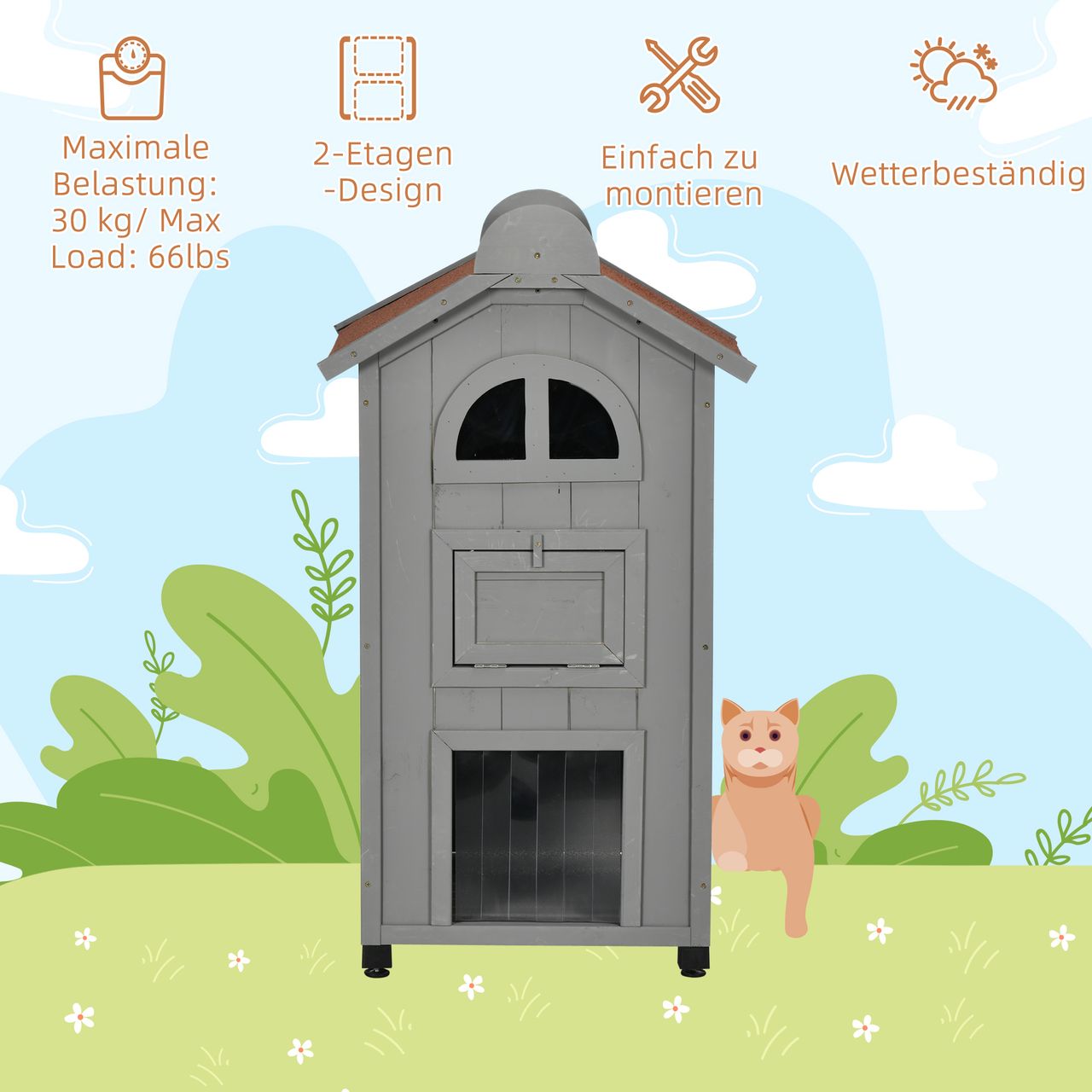PawHut Katzenhaus für Katzenbett oder Katzentoilette, Katzenschrank, Katzenklo Indoor, Tannenholz, Asphaltdach, Grau   Weiß, 59 x 55 x 109 cm