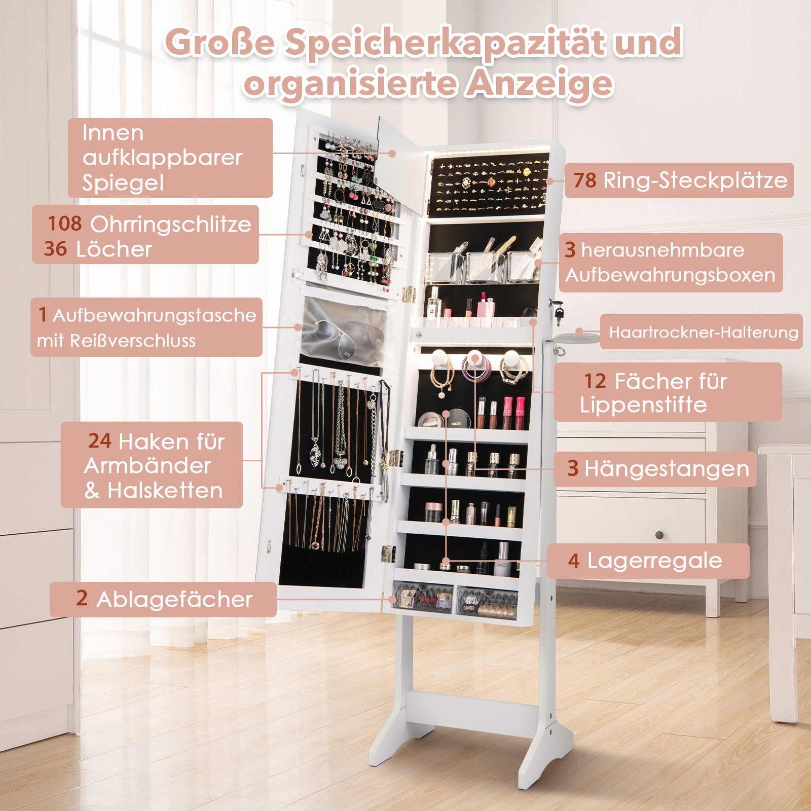 COSTWAY Schmuckschrank stehend, mit Spiegel & LED, abschließbar, weiß, 156 cm