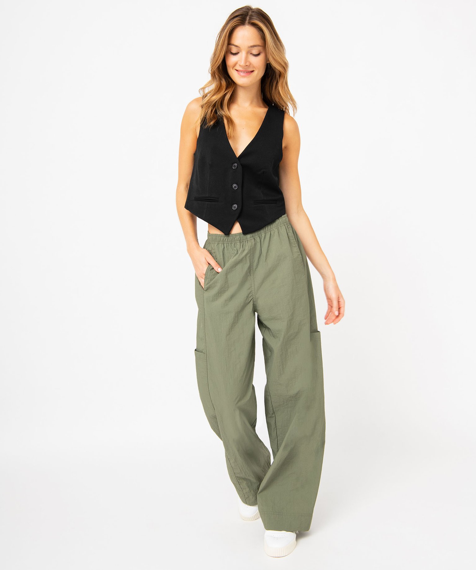 Pantalon large en toile de parachute femme kaki | GEMO