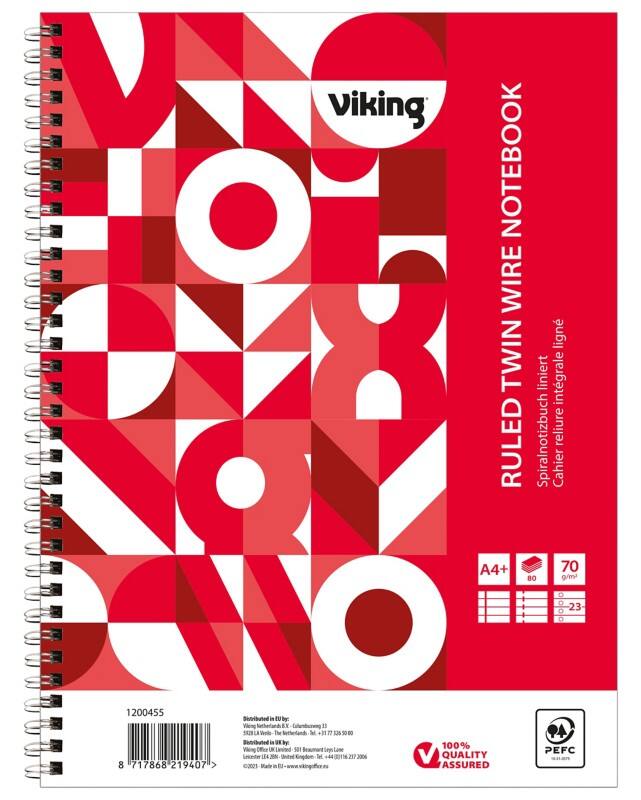 Viking Notizbuch DIN A4  Liniert Doppeldraht Seitlich gebunden Papier Softcover Rot Perforiert 160 Seiten 5 Stück