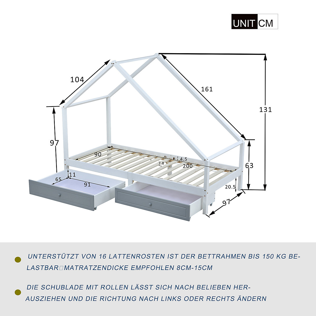 Hausbett 90x200cm mit 2 Schubladen, Kinderbett Spielbett Massiv