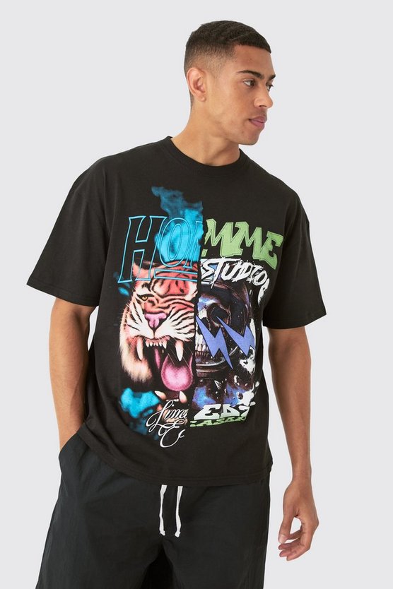 Oversized Spliced Tiger Space Graphic T-shirt