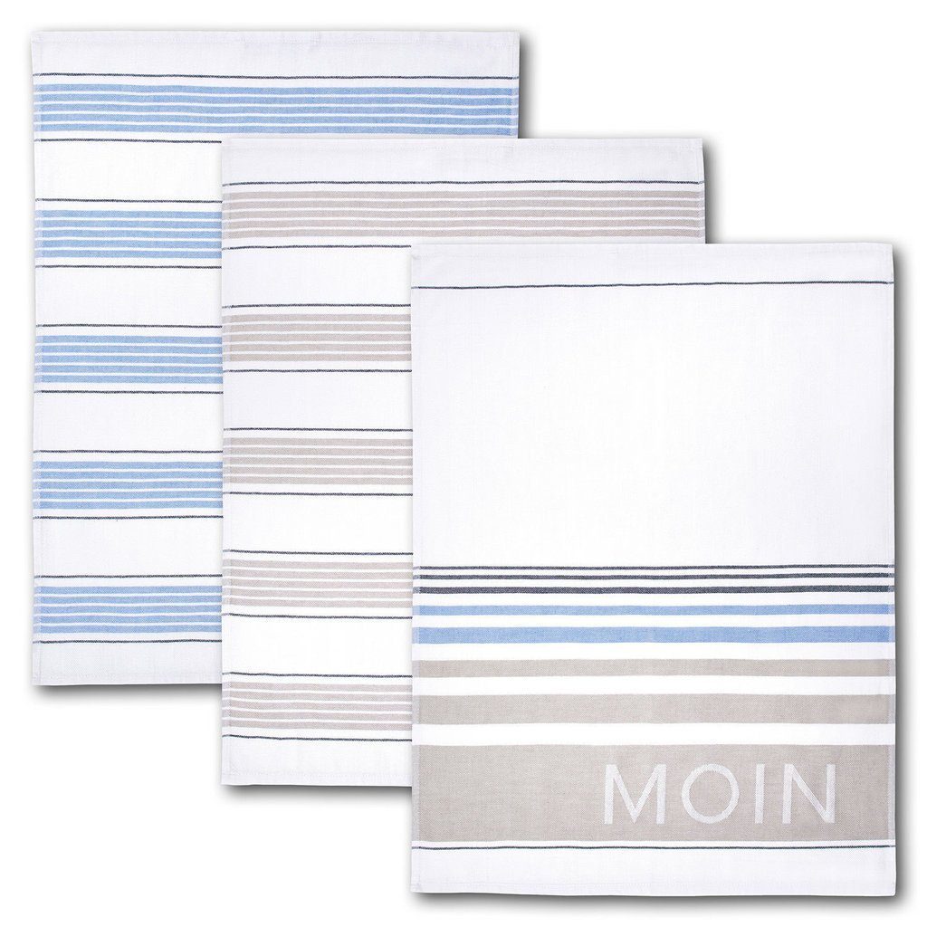 Dyckhoff Geschirrtuch 3er Set 'Moin' 50 x 70 cm Blau/ Grau, (1-tlg)